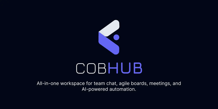 Screenshot of CobHub project showing A team collaboration app with chat, agile boards, meetings, file sharing, and AI...